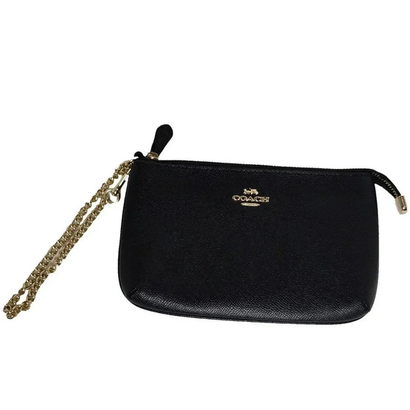 COACH ZIP WRISTLET F73044 WITH CHAIN BLACK CROSSGRAIN LEATHER NEW NWOT - Picture 1 of 7